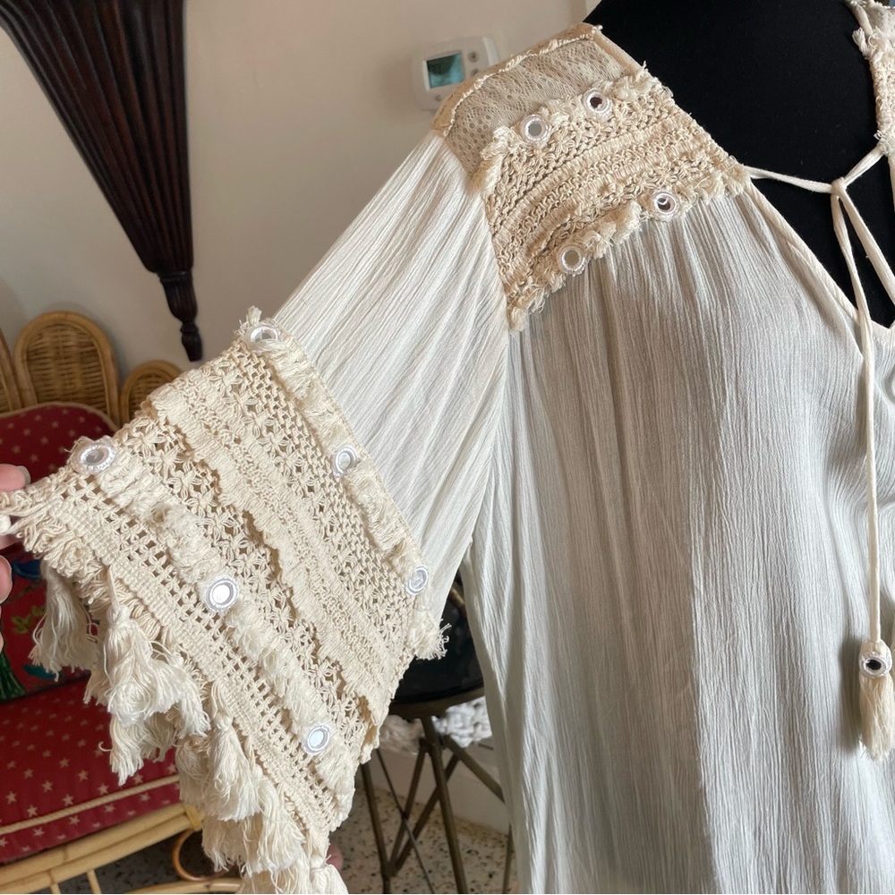 RAGA Bohemian Cream Bell Sleeve Pullover FringeTunic! Swim Coverup NWT.  Large - Picture 4 of 14